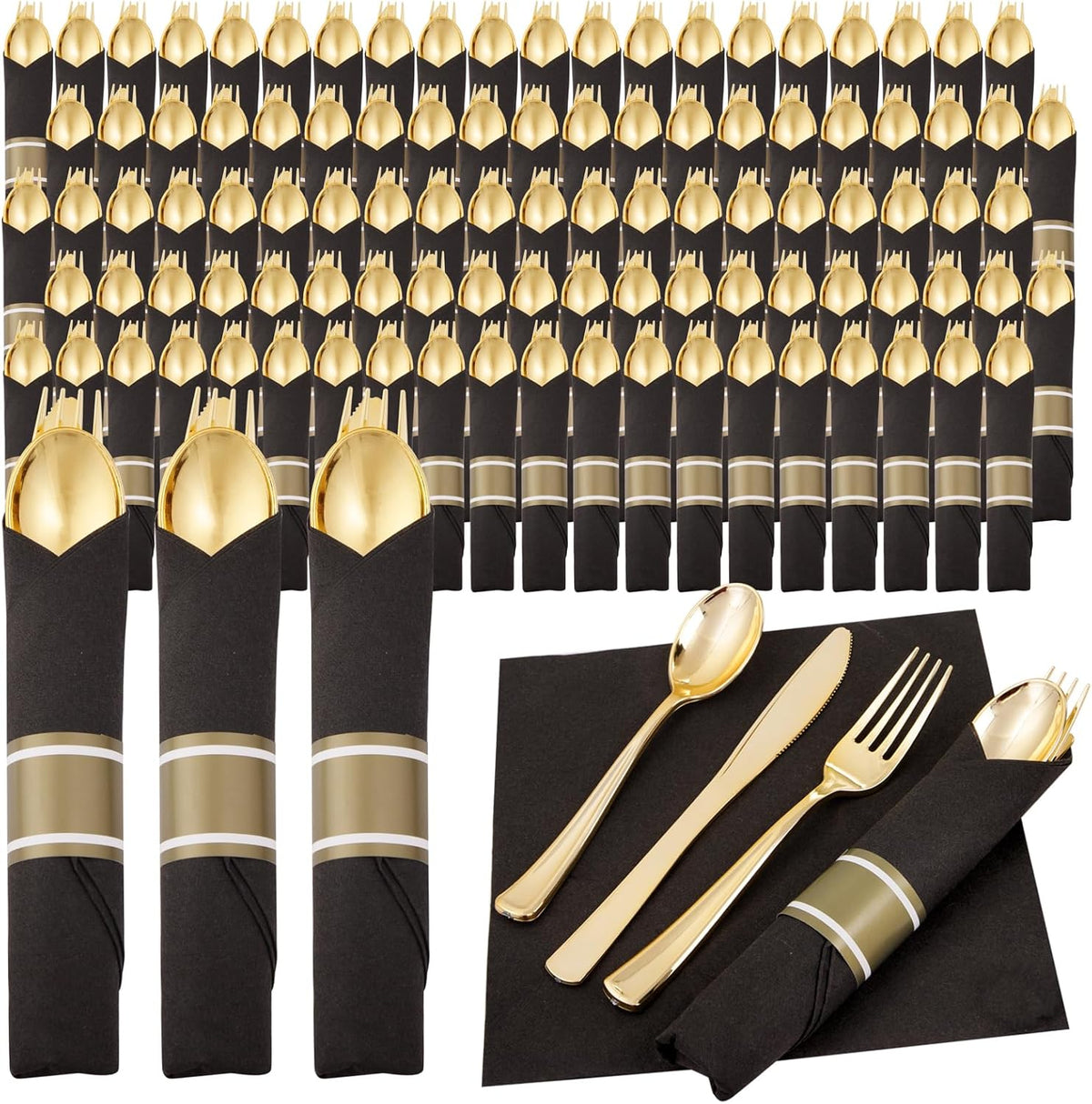 Supernal 120Pack Pre Rolled Silverware Set, Wrapped Disposable Silverware Set, Disposable Utensils Includes 120 Plastic Forks and Spoons, 120 Plastic Knives, 120 Napkins for Wedding, Birthday, Party