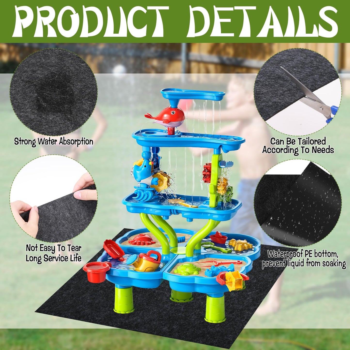 CIEOVO Water Table Mats, Non Slip Backing Outdoor Splash and Play Activity Pad Rug Waterproof Water Play Table Mat for Summer Beach Backyard Fun Water Play