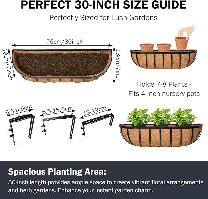 30“ Window Box Railing Planter with Coco Liner Metal Wall-Mounted Coconut Liner Planter Basket English Horse Trough Planters for Outdoor Deck Balcony Porch Fence Patio Black (4 Pack)