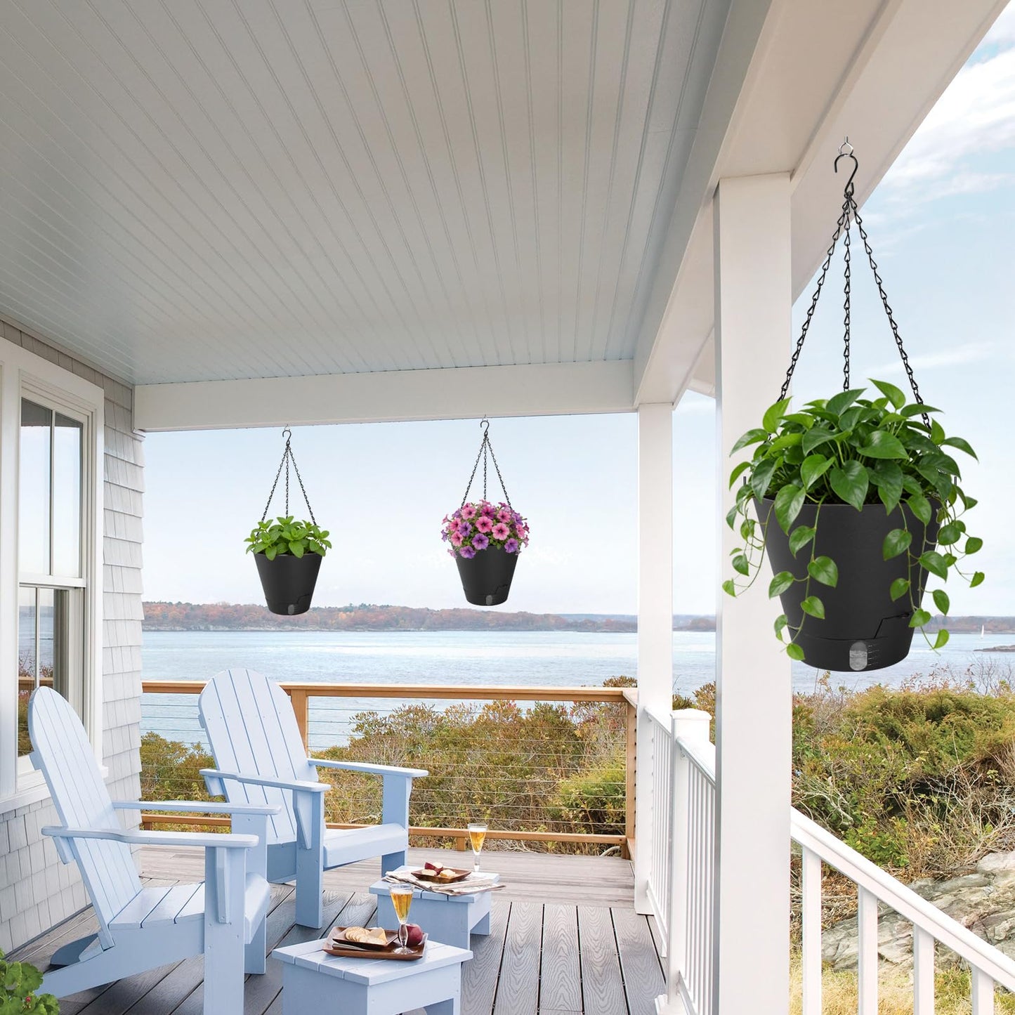 8 Inch Hanging Planters Indoor Outdoor, 3 Pack Plastic Self Watering Plant Pots with Drainage Holes & Saucers, Hanging Baskets Flower Pots with Chain for Ivy, Spider Plant, Pothos, Ferns