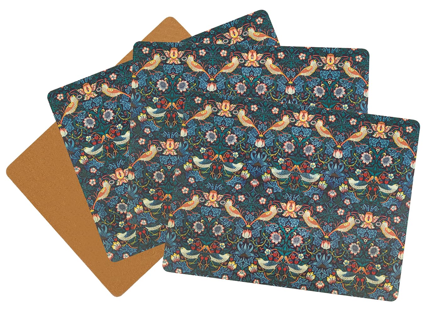 Cork Placemats Set 4 Table Mats New with Damaged Box -Wm Morris Print Artwork Strawberry Thief from Metropolitan Museum Wipeable Top, Cork Back Table Decor 12" x 16"