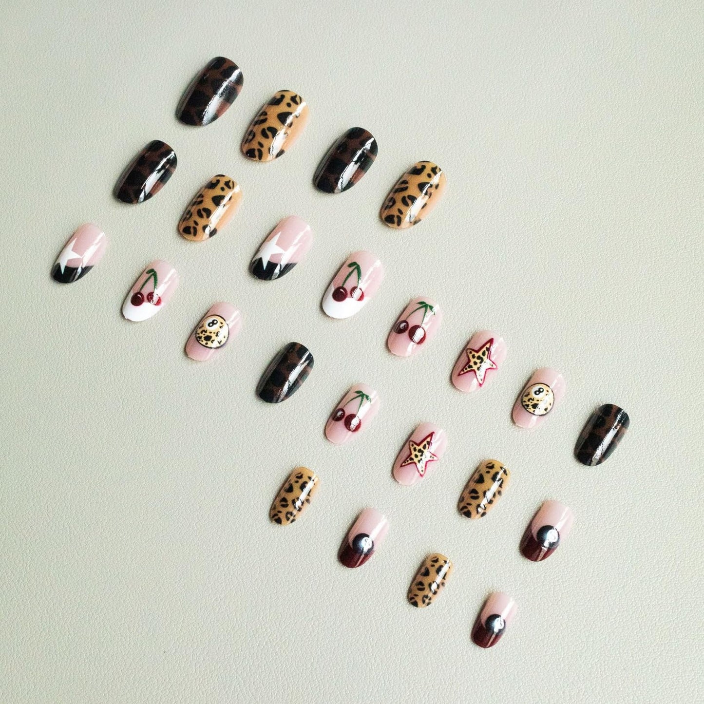 IMSOHOT Press on Nails Short Oval Fake Nails Brown Leopard Print False Nails with Cherry, Billiard Ball Design Full Cover Glossy Stick on Nails for Women