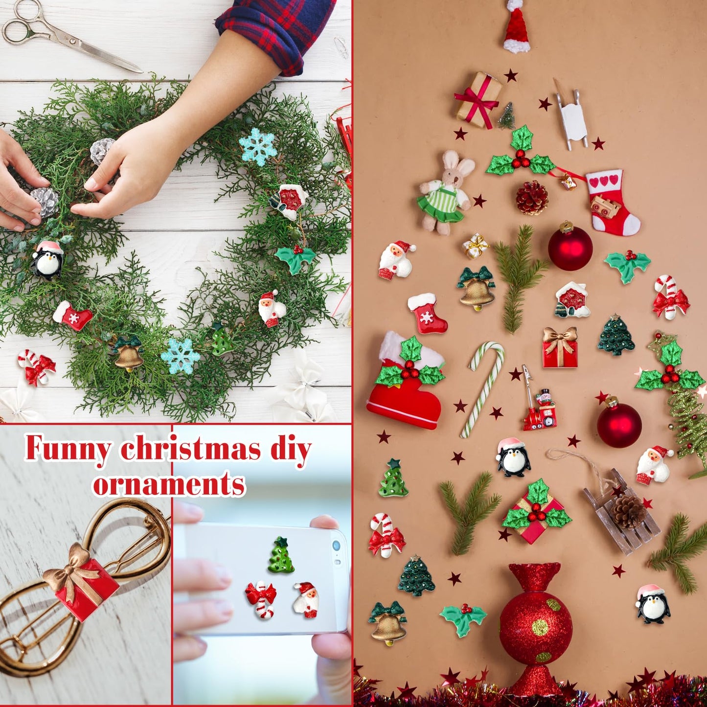 Huwena 200 Pcs Christmas Resin Flatback Charms Mini Triple Leaf Holly Berries Embellishments Small Snowflake Decorations Tiny Resin Miniatures for Xmas Tree DIY Craft Scrapbook Supplies