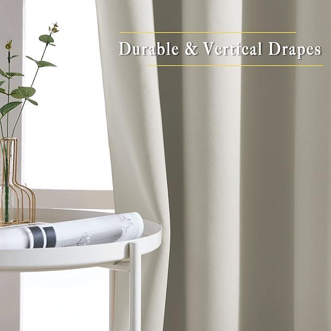 NICETOWN Room Darkening Bedroom Curtains 63 inches Long, Window Treatment Thermal Insulated Solid Grommet Voice Reducing Drapes for Kids Room, Natural, Set of 2, W46 x L63