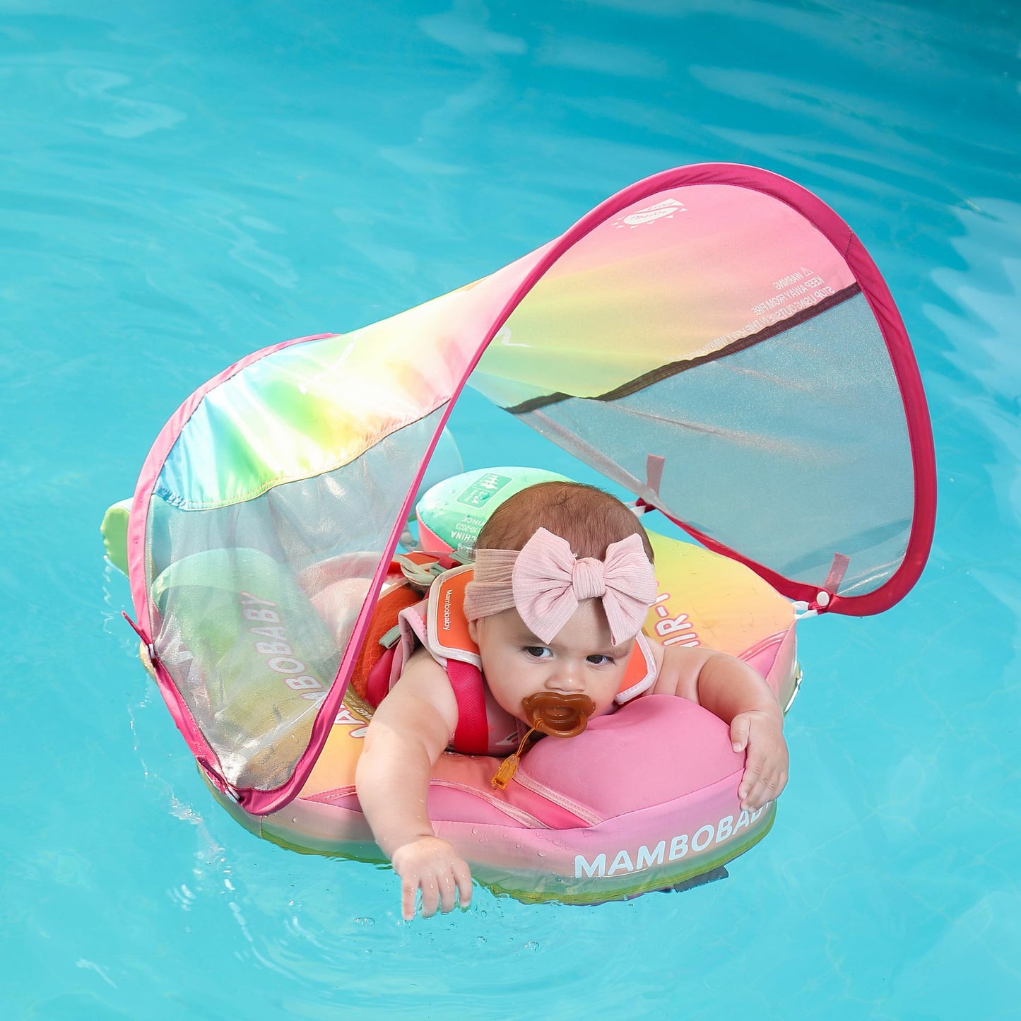 AnjeeIOT Mambobaby Float with Canopy Baby Float Non-Inflatable Baby Pool Float Solid Swimming Float Upgraded Add Tail Never Flip Over for Infant 3-24 Months, Rainbow Pink