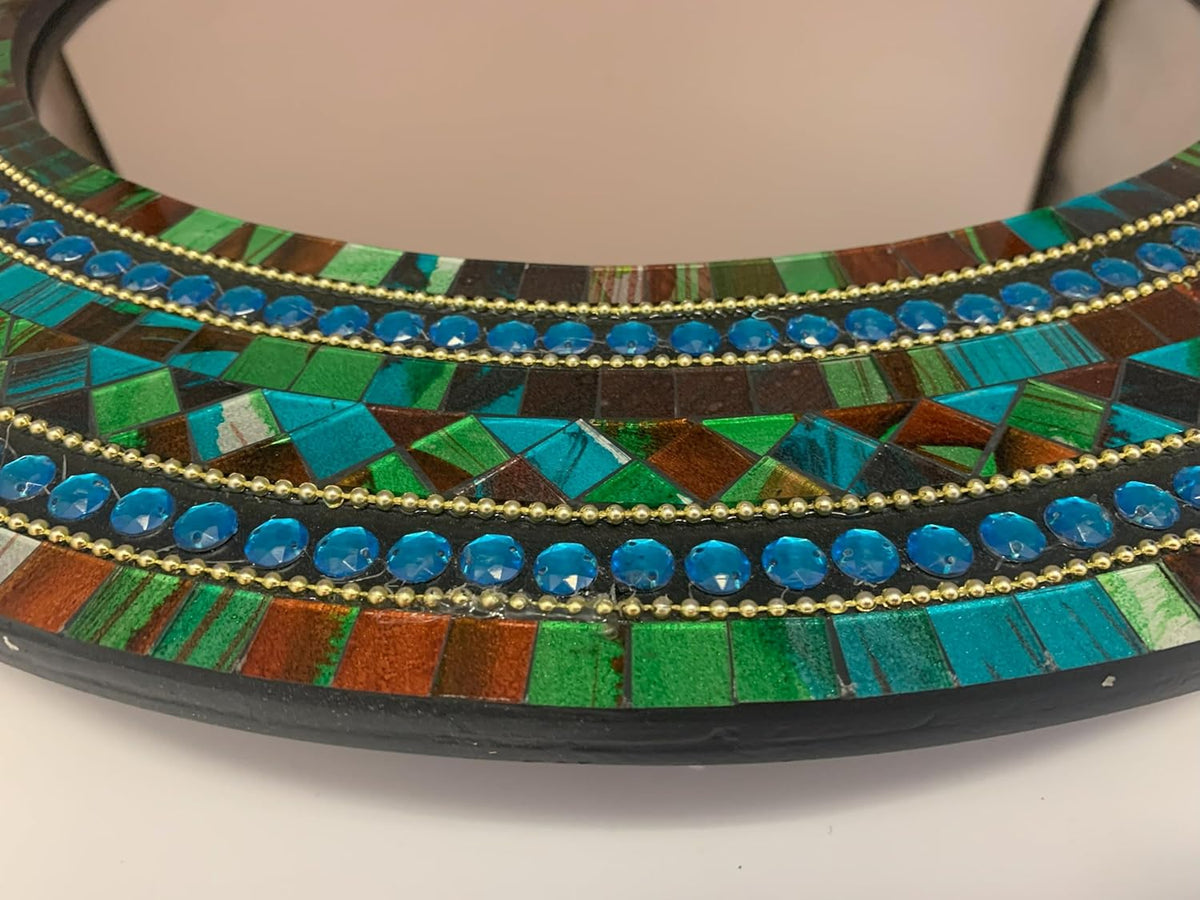 Mosaic Mirror, Wall Art Décor – Handcrafted Decorative Wall Mirror, Autumn Green, Deep Blue, and Brown Round Mosaic