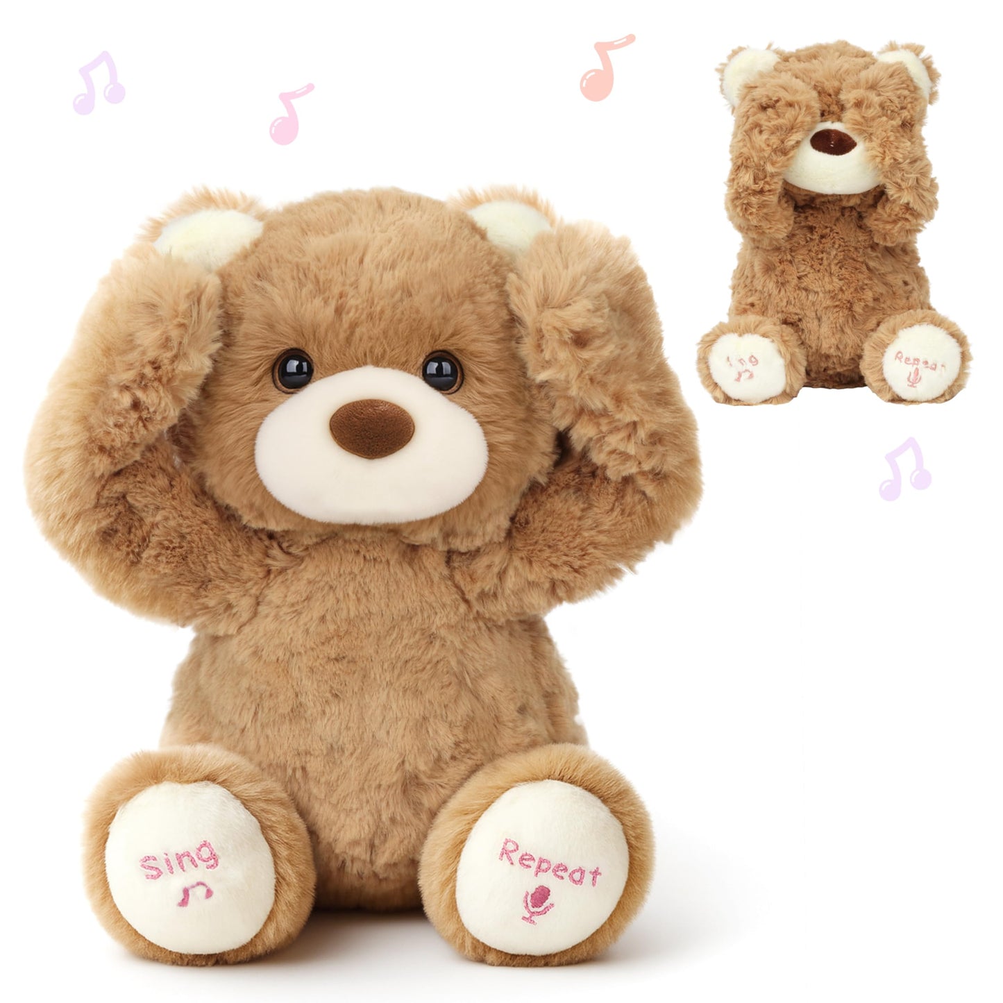 Hopearl Peek A Boo Bear Interactive Repeats What You Say Plush Teddy Bear Toy Musical Singing Talking Stuffed Animal Adorable Electric Animate Gift for Toddlers, Brown, 11''