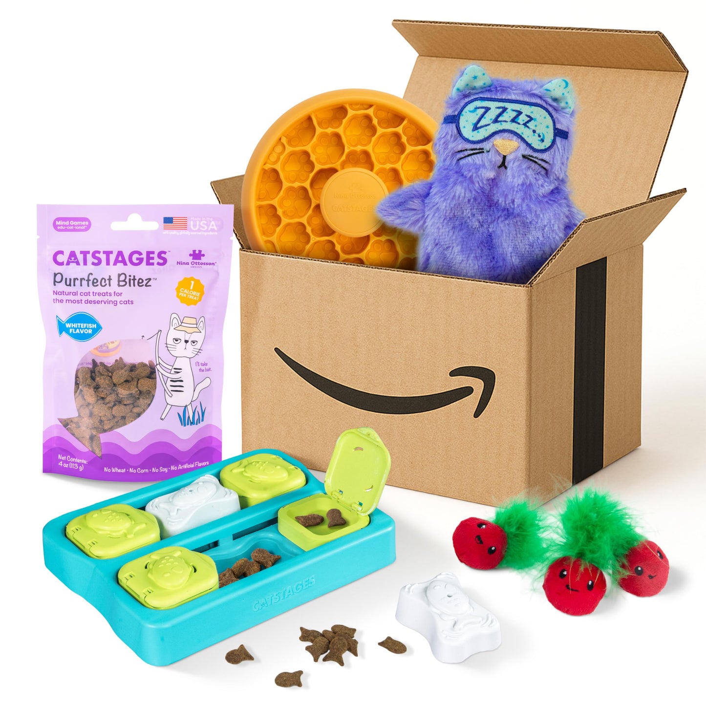 Catstages New Kitten Bundle – Slow Feeder Bowl, Purr Pillow, Strawbabies Catnip Toys, Kitty Cube Puzzle Toy & Whitefish Purrfect Bitez Treats
