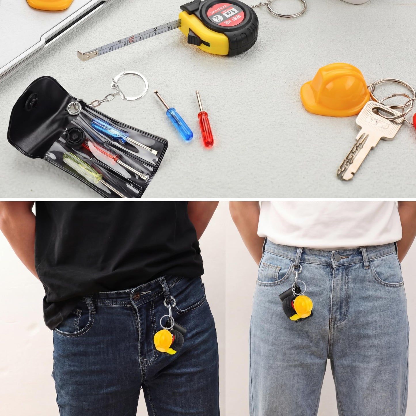 Jutom 108 Pcs Mini Construction Helmet Keychains Tape Screwdrivers Tool Adult Men Gifts Bulk for Easter Egg Stuffers Father's Day Construction Party Favors Gifts