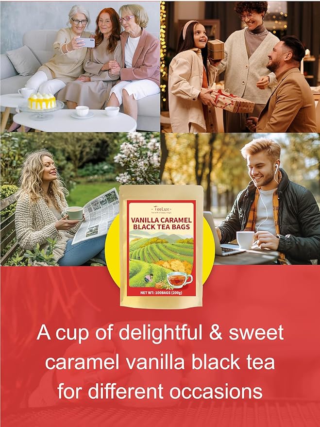 TeeLux Vanilla Caramel Black Tea Bags, Blended Black Tea with Vanilla Caramel, Robust & Smooth Taste, 100 Count