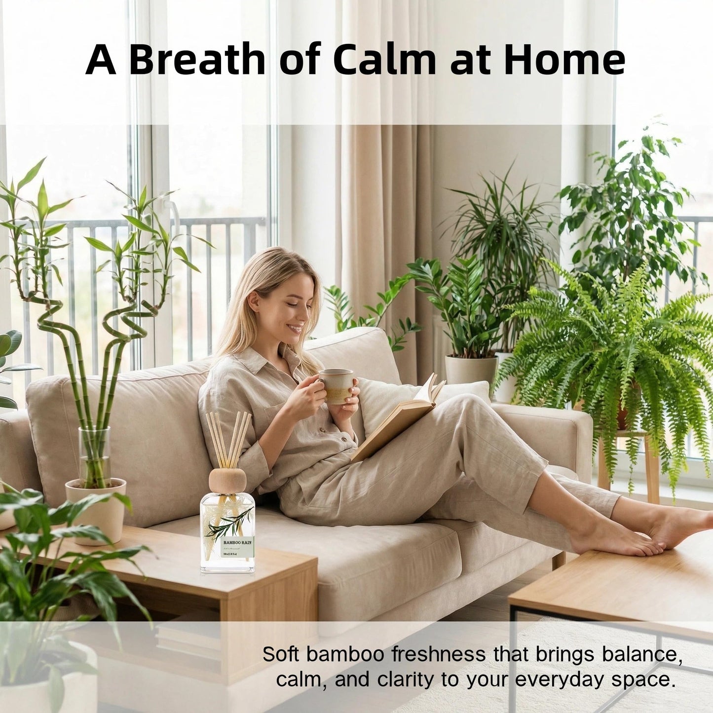 Bamboo Essential Oil Reed Diffuser - 3.34 Fl Oz, Luxury Hotel Collection Diffuser Oil Inspired by Ritz Carlton for Home&Office, Bedroom Living Room Shelf Decor, Accessories,Non-Toxic & Gift Ready