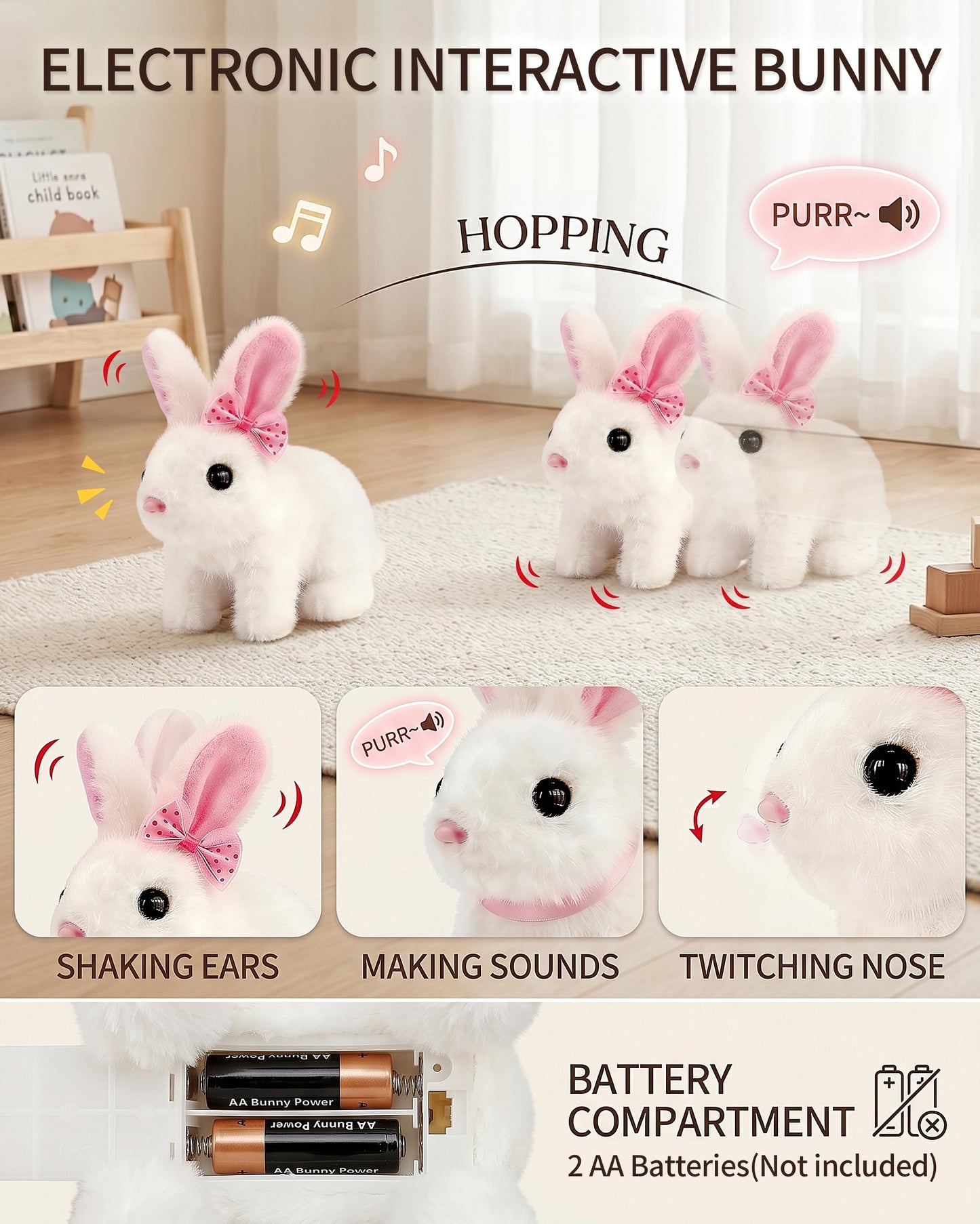 Eohemeral 23 Pcs Hopping Bunny Toy for Kids 3-5 5-7, Electronic Interactive Rabbit with Backpack, Wiggling Ears Squeaking Plush Pet, Pretend Play Easter Birthday Gifts for Girls 4 6 8 Year Old