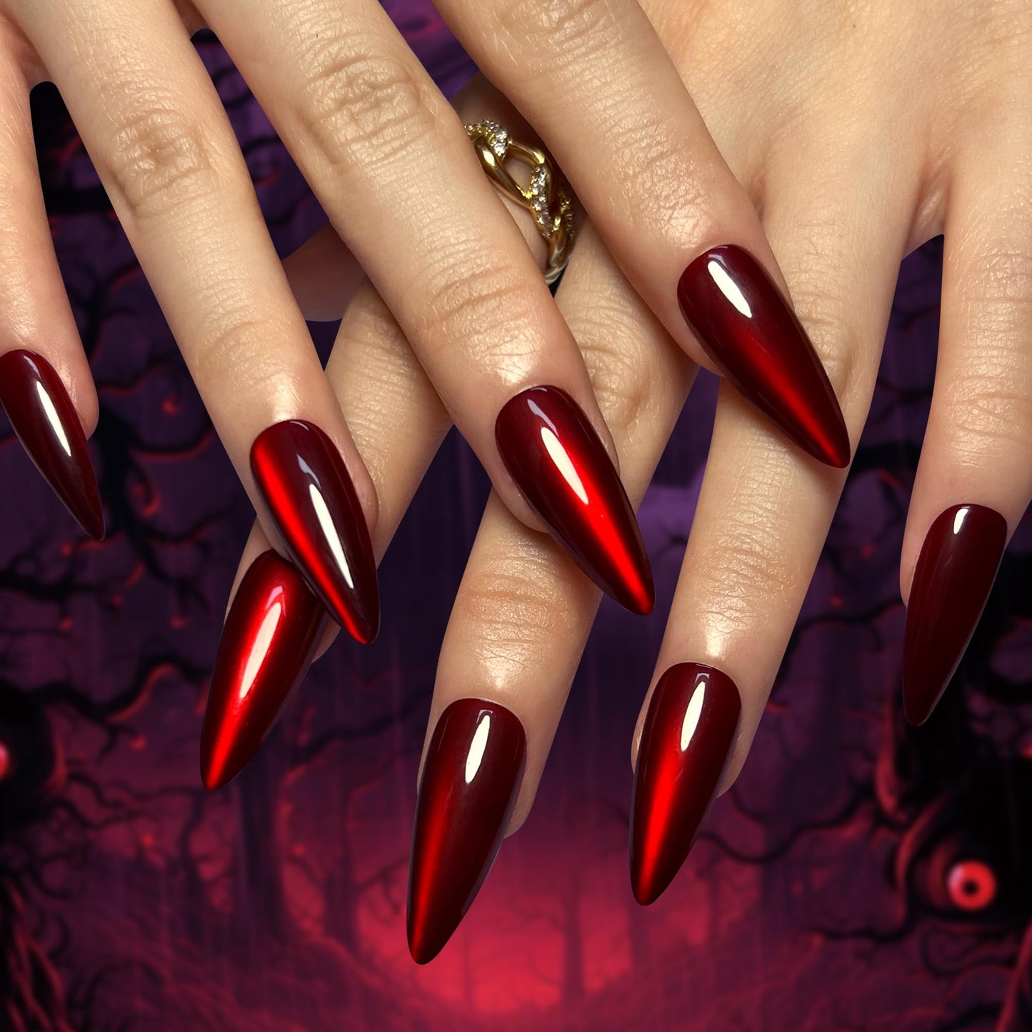 XZMeiLun Halloween Red Cat Eye Press On Nails Medium Long Almond, Stiletto Acrylic Press On Nails, Ghost Claw Designer Reusable Fake Nails, Nail Hallows' Day, Glue On Nail Press Ons for Women