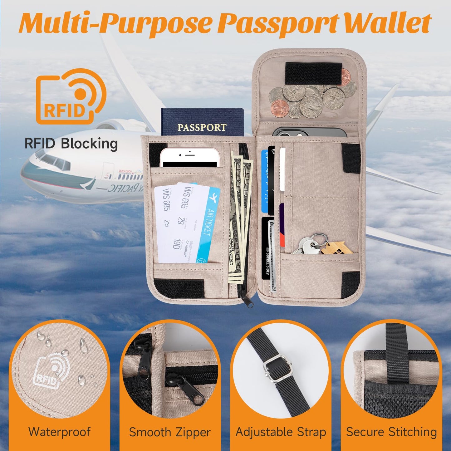 Neck Wallet & RFID Blocking Passport Holder for Travel – Waterproof Hidden Travel Wallet with Card Slots, Adjustable Strap, Portable Document Organizer for Men, Women (Gift) Khaki