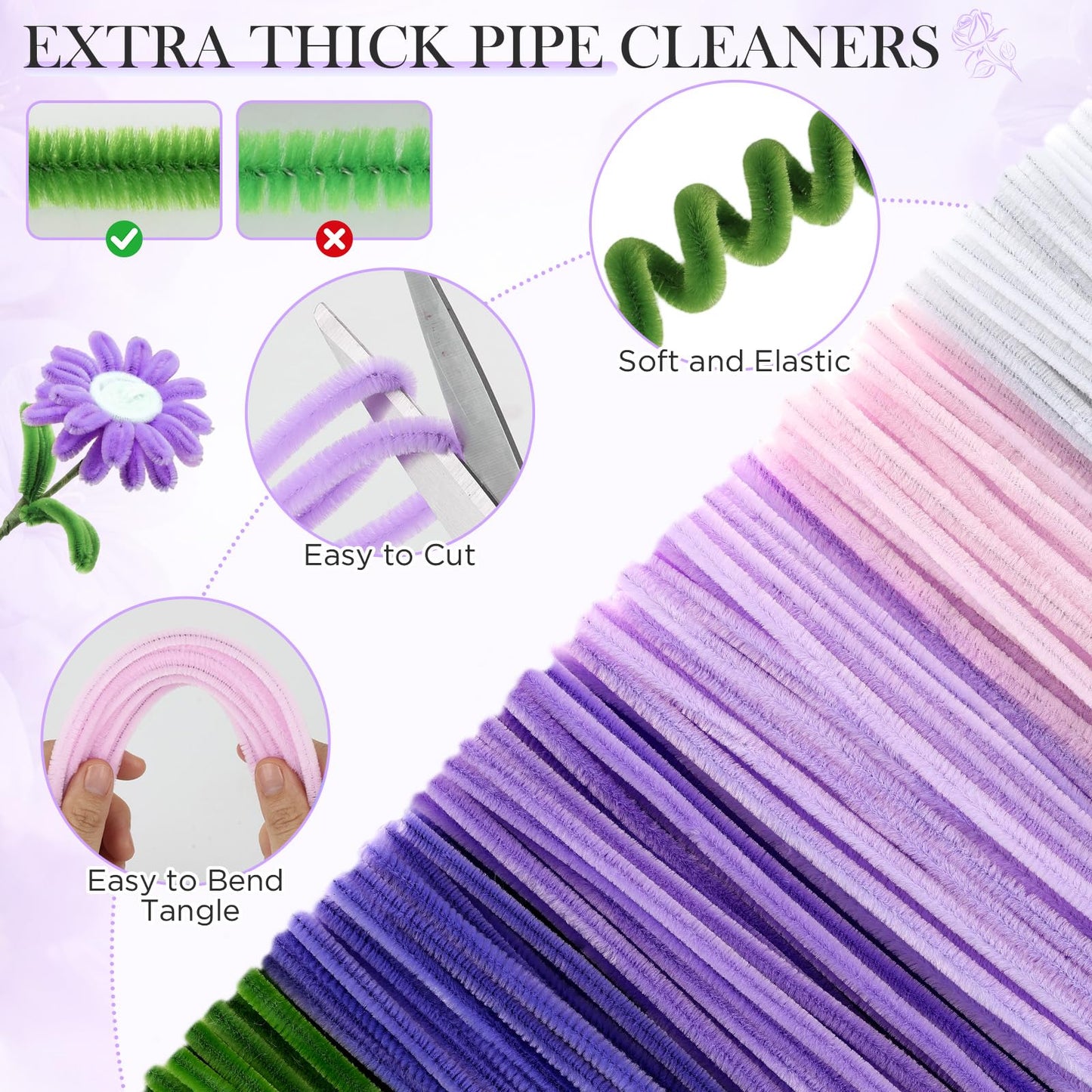 Funtopia Pipe Cleaner Flowers, 540 Pcs Pipe Cleaners Craft Bulk, Pipe Cleaner Flower Kit with Instruction, Chenille Stems for Flower Making, DIY Bouquets and Party Decorations (Purple, 12in x 7mm)
