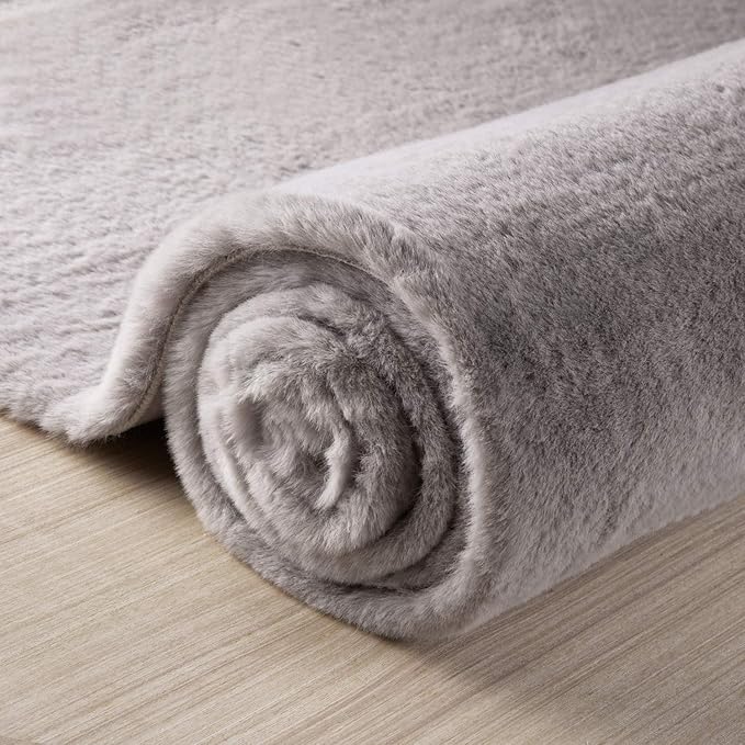 Ashler HOME DECO Ultra Soft Faux Rabbit Fur Chair Couch Cover Area Rug for Bedroom Floor Sofa Living Room Grey Round 3 x 3 Feet