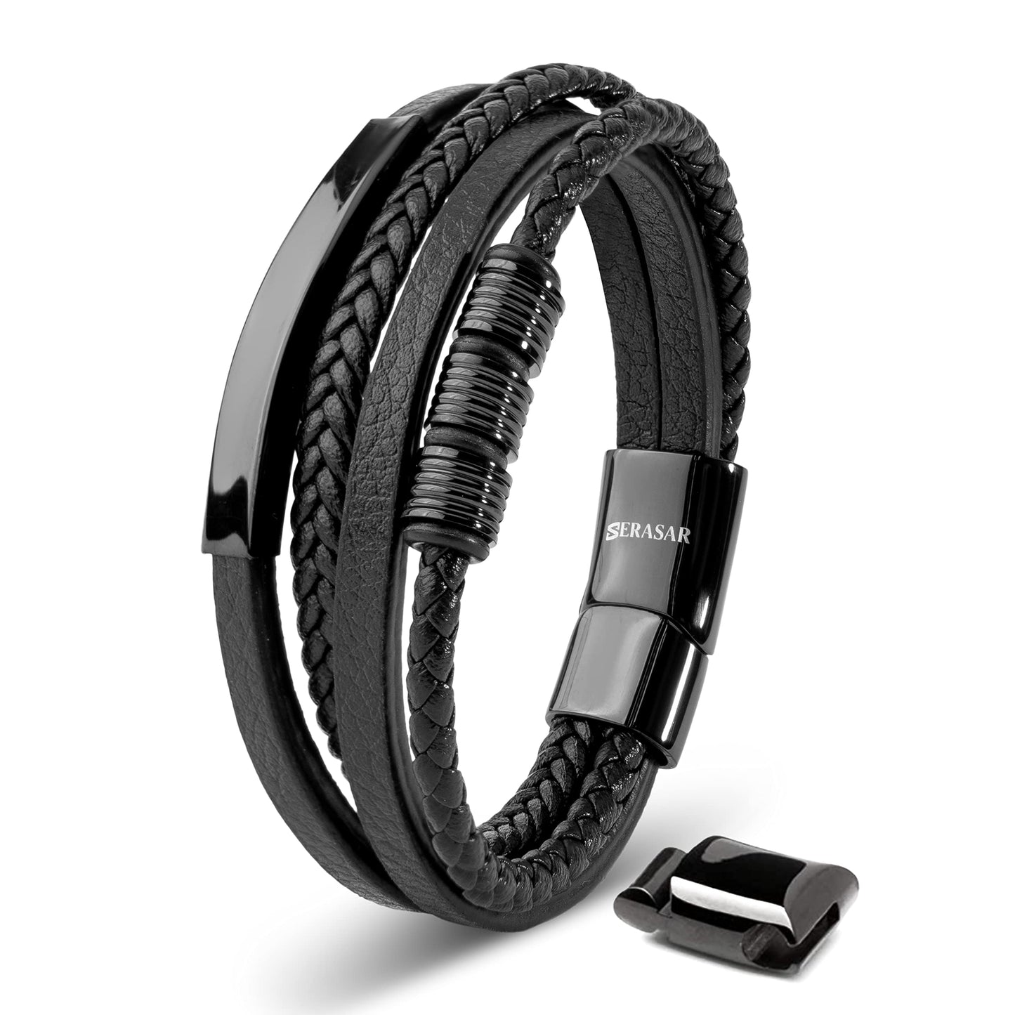 SERASAR Mens Original Leather Bracelet 20cm Black Men Gift Box Genuine Braided Adjust Able Magnetic Clasp Multi Layer Wrap Rope Man Mans Bracelets Jewelry Magnet Accessories