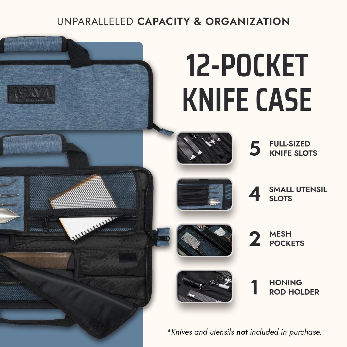 Asaya Chef Knife Roll Bag - 12-Pocket Chefs Case for Kitchen Knives and Utensils, Lightweight Stain-Resistant Waxed Nylon Chef Knife Bag - Knives Not Included (Blue)