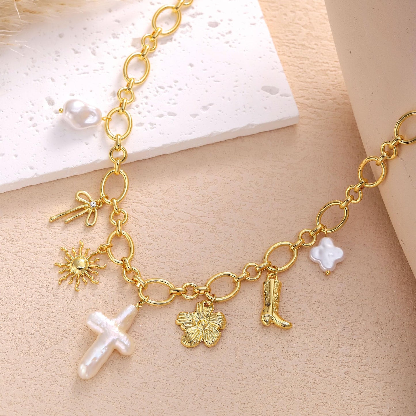 Chunky Charm Cross Pearl Necklace For Women Seashell Shell Starfish Beach Bow 14K Gold Plated Pendant Summer Jewelry (03 Pearl Cross)