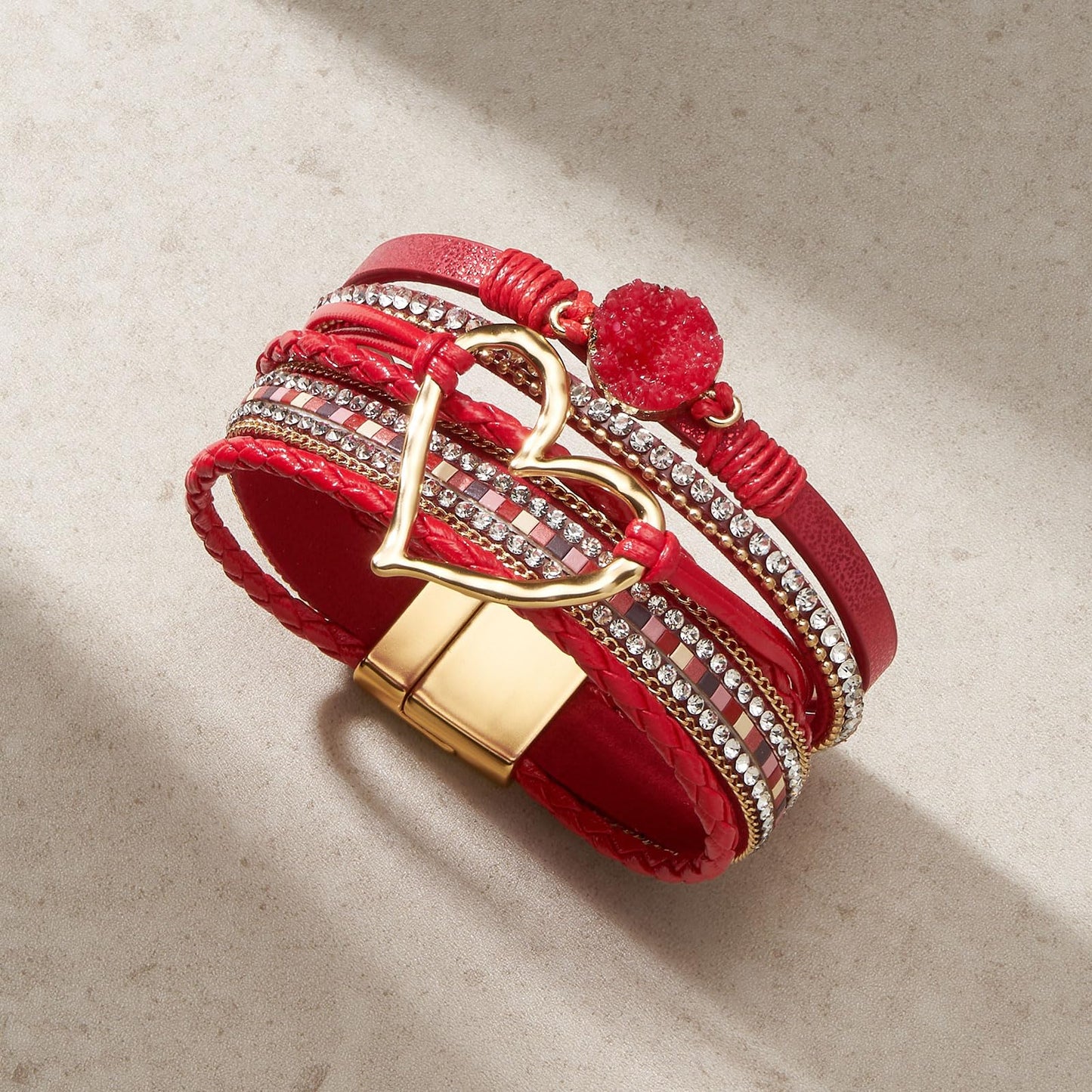 QIUTIMIY Leather Bracelets for Women Trendy Boho Cuff Bracelet Layered Bangle with Clasp Hand Wrist Jewelry Western(Style 6-Red)