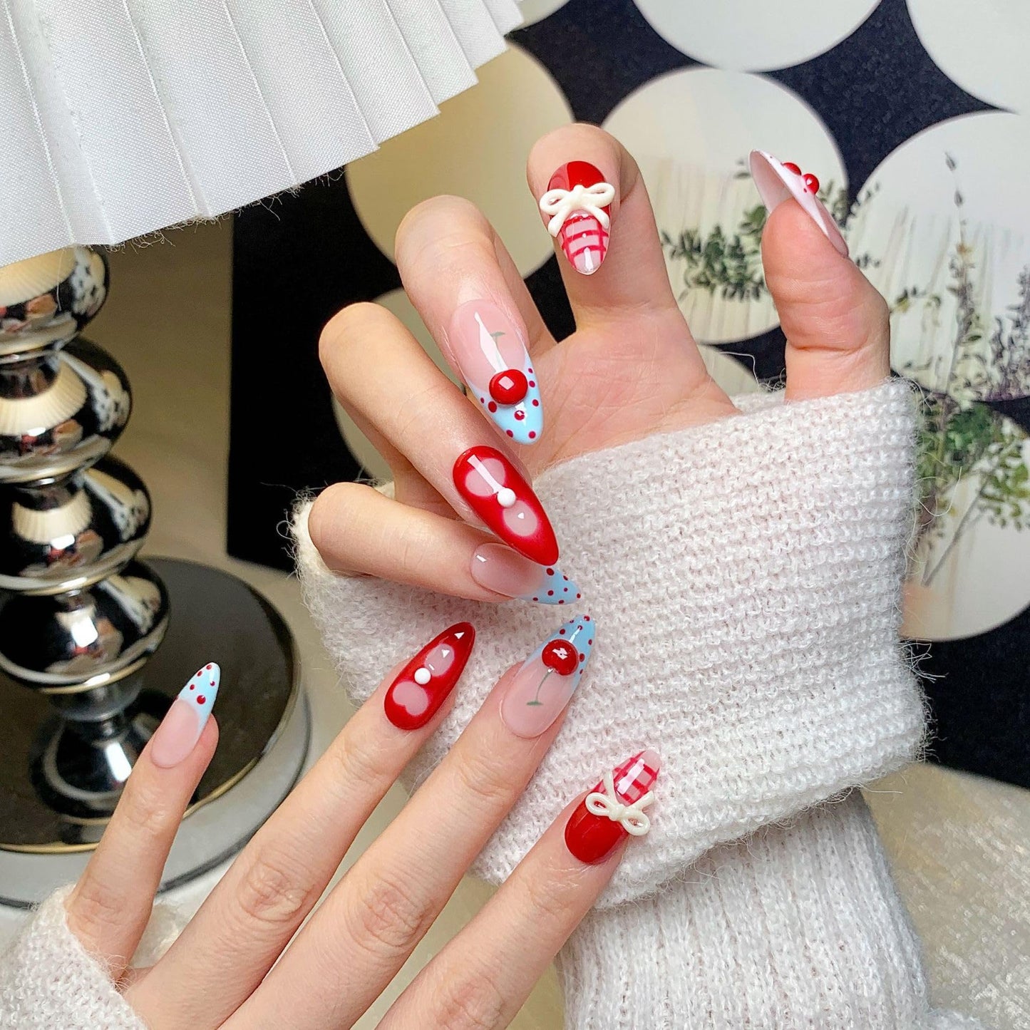 Medium Press on Nails Almond - Handmade Fake Nails with 3D Bow Cherry Design - Red Full Cover Glue on False Nails for Women - (Size M)