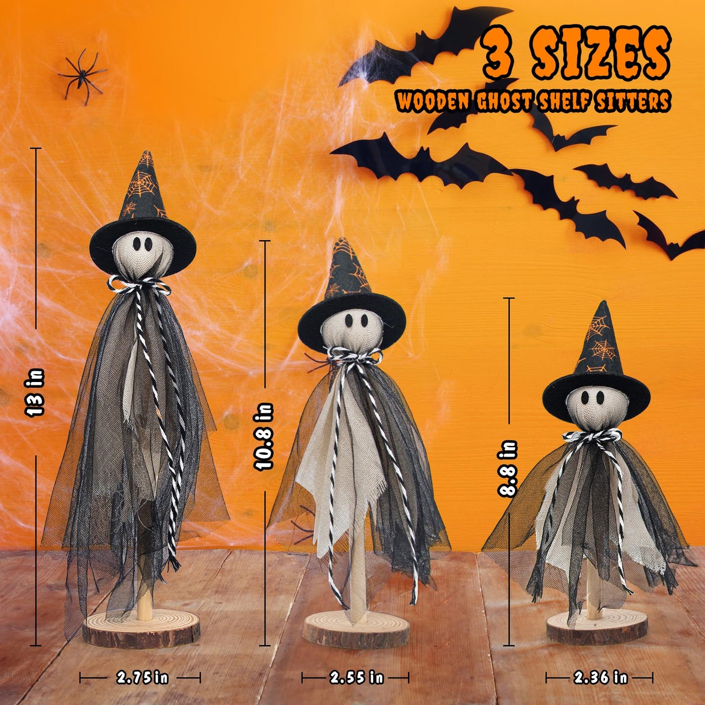 Halloween Decorations Ghost Shelf Sitters – Set of 3 Wooden Halloween decor with Witch Hats – Fabric Ghost Figures with Spiderweb Design – Table Decor for Tiered Tray, Mantel, Party Supplies(Black)