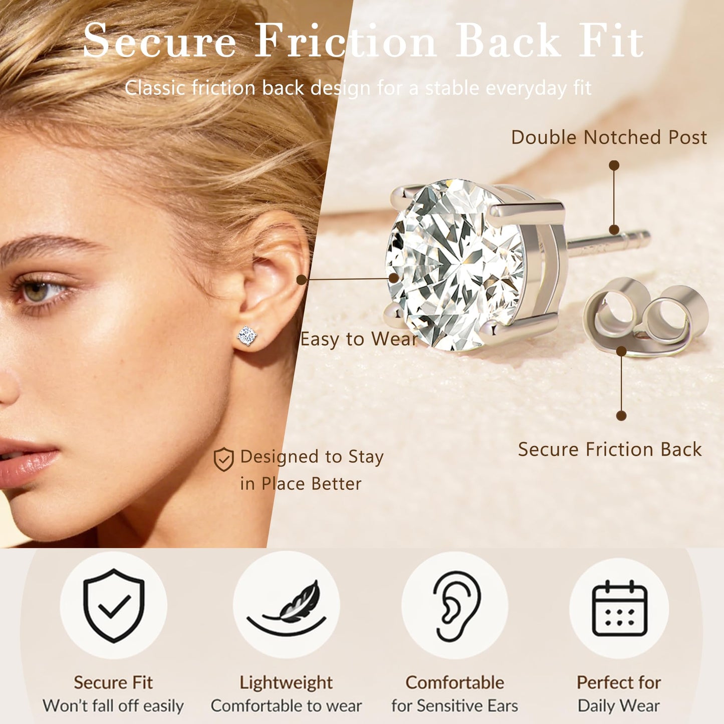 Impalsory Moissanite Stud Earrings 3.0CT 9mm for Women Men, 925 Sterling Silver Hypoallergenic Earrings, 18K White Gold Plated, Secure Friction Back, Brilliant Round Cut D Color VVS1