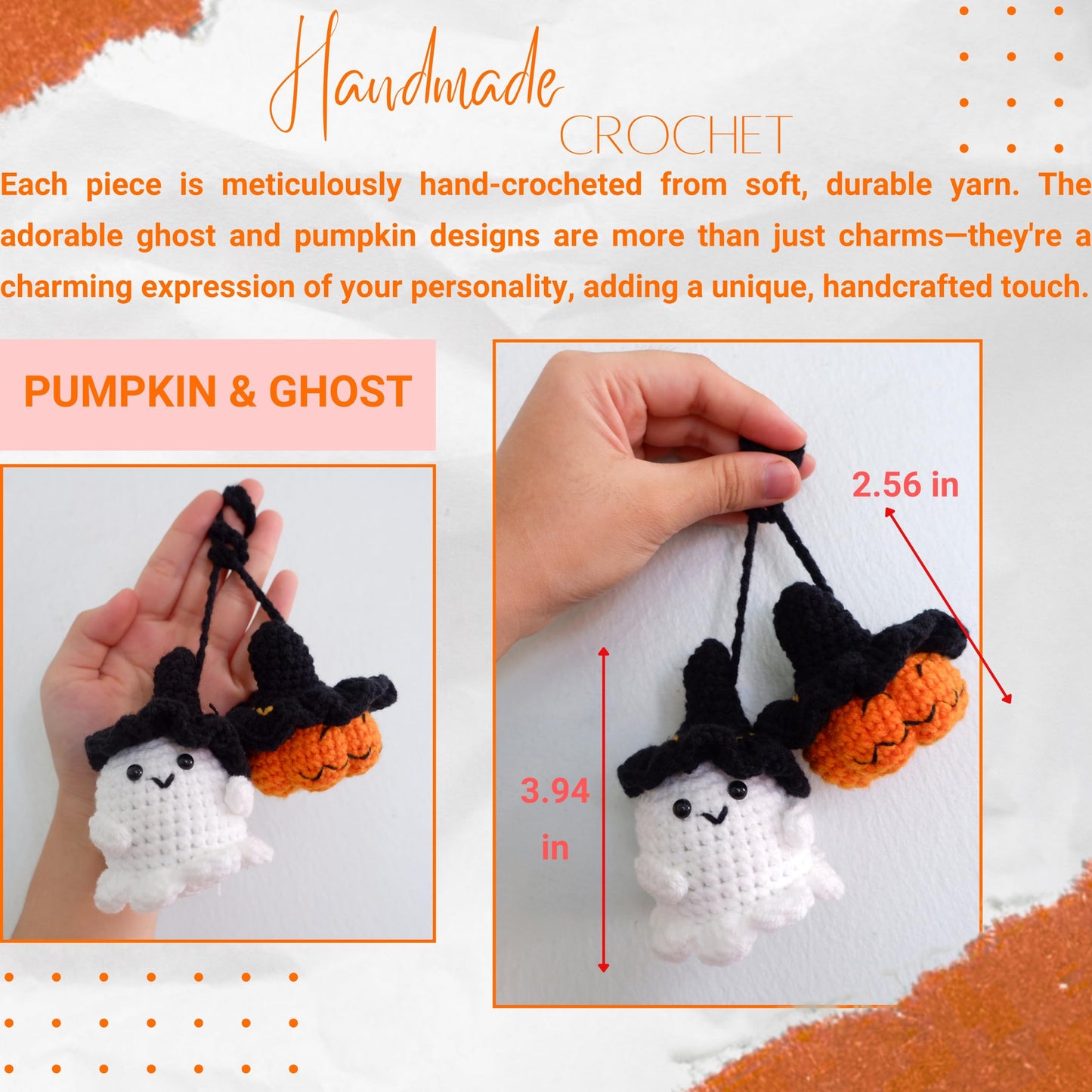 Crochet Pumpkin Ghost Car Hanging Decor, Handmade Ghost And Pumpkin Car Hanging Rear View Mirror Ornament Decoration, Cute Cars Accessories, Halloween Ornaments (Ghost&Pumpkin)