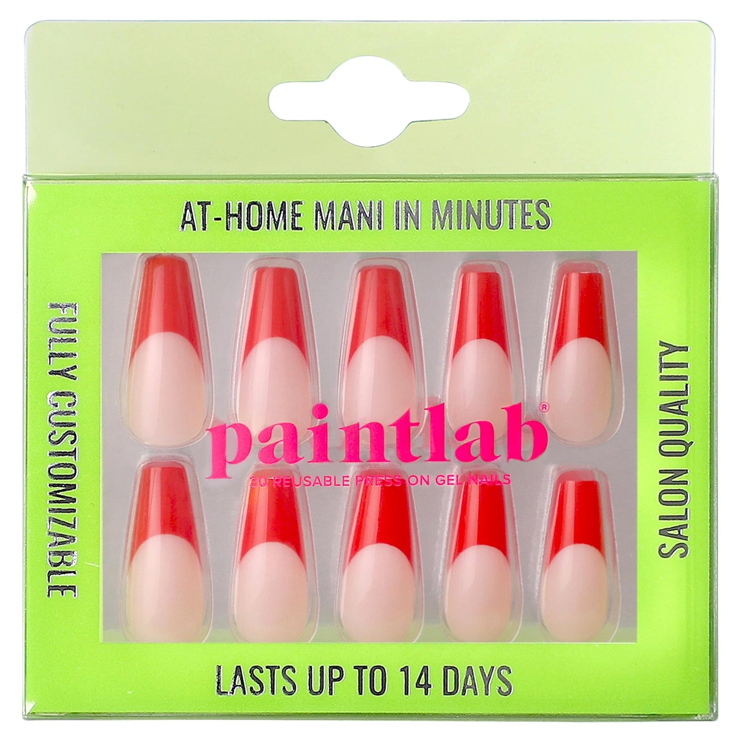 PaintLab Press-On Nails Manicure Kit, Red Hot - Coffin, 30-Piece Set, Long-Lasting Fake Nails with Glue, File, Prep Pad & Cuticle Stick