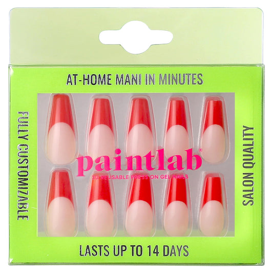 PaintLab Press-On Nails Manicure Kit, Red Hot - Coffin, 30-Piece Set, Long-Lasting Fake Nails with Glue, File, Prep Pad & Cuticle Stick