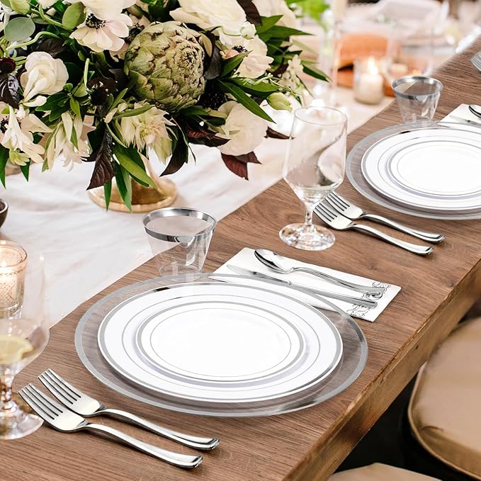 Goodluck 12 Inch Silver Charger Plates, 25 Pack Clear With Silver Trim, Disposable Plastic for Dinner, Wedding, Party