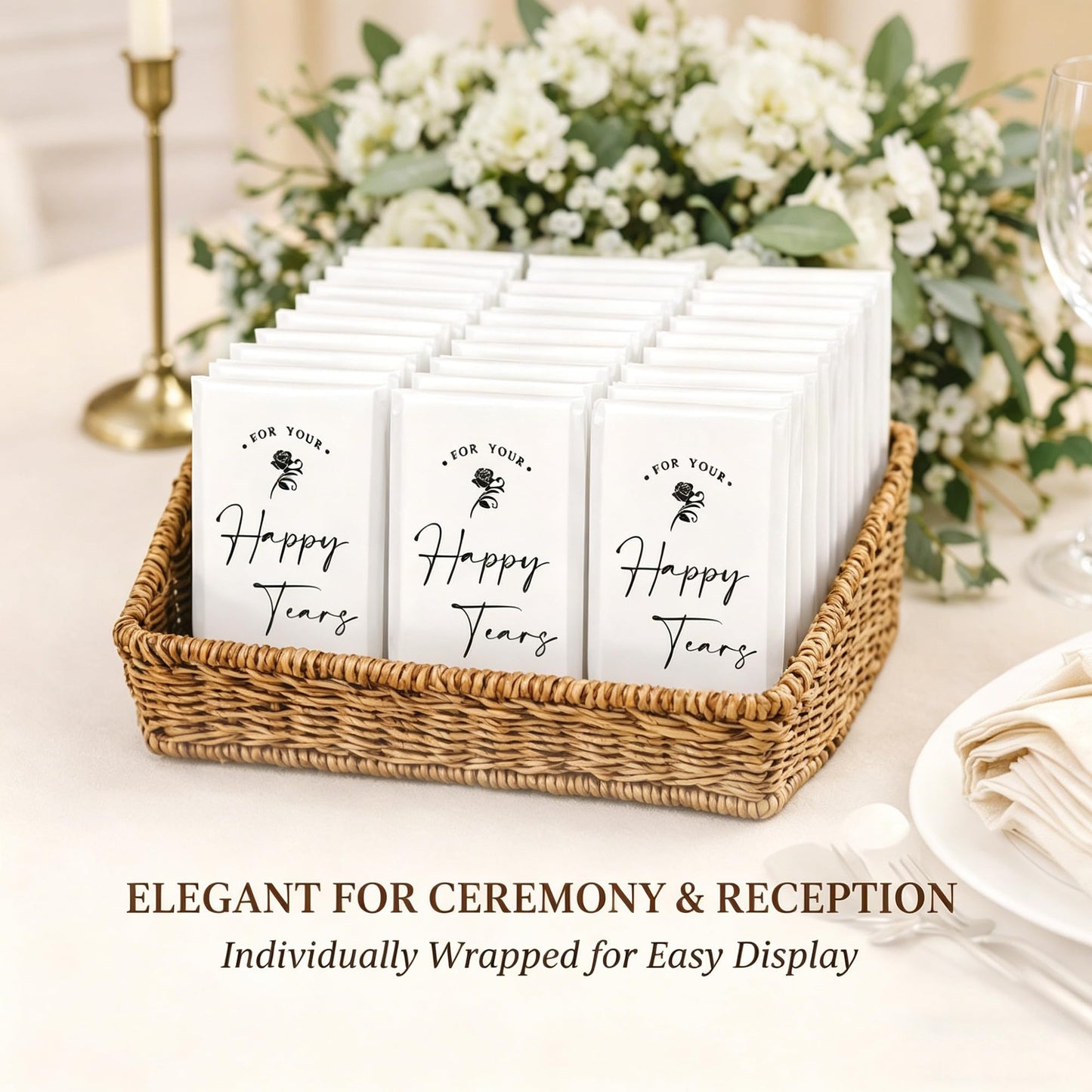 DORIS HOME Happy Tears Tissue Packs, 48 Count, 3-Ply Individual Facial Tissues for Wedding Guests, Ceremony, Reception, Bridal Shower