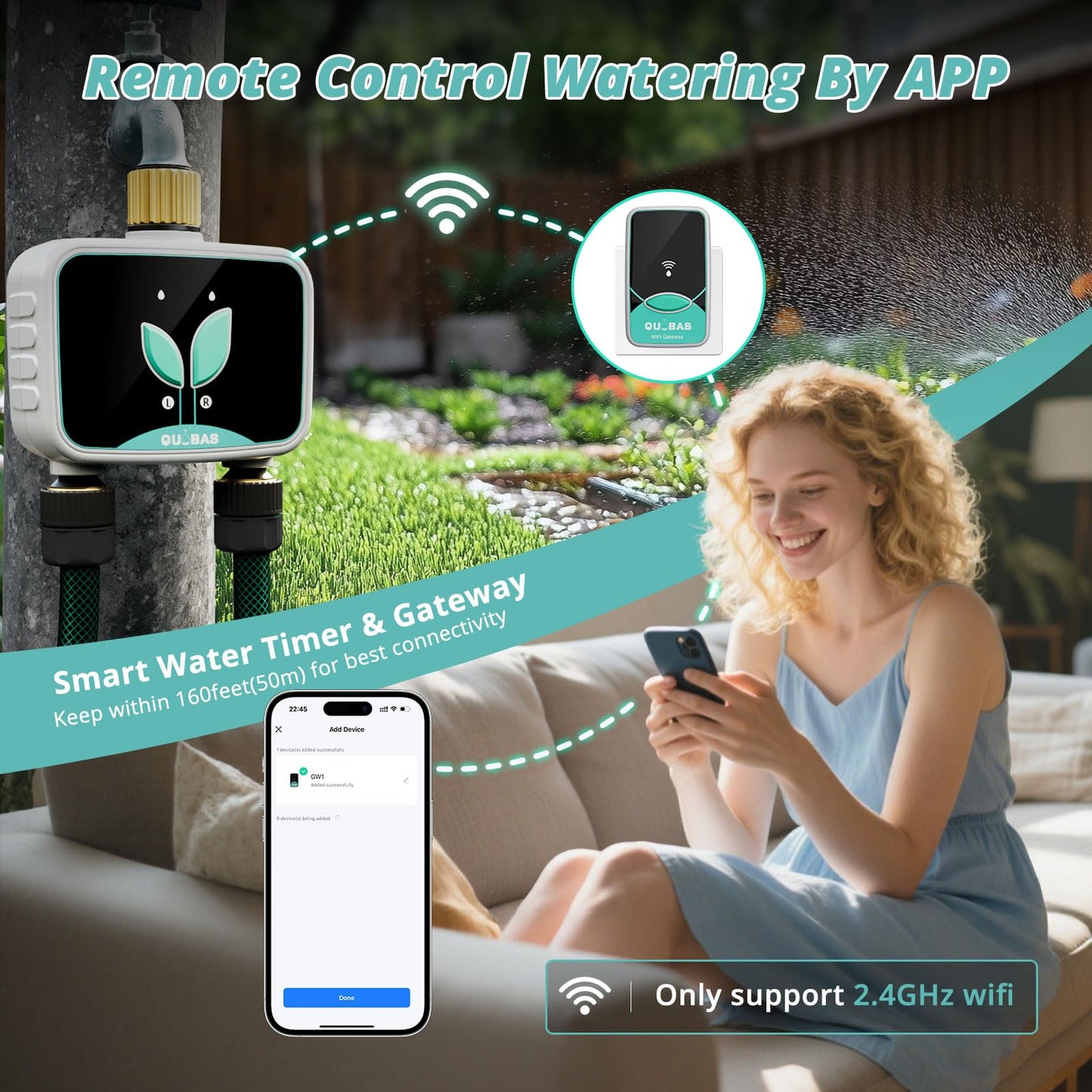 QUOBAS WiFi Water Timer for Garden Hose, 2 Zone Brass Hose Timer WiFi with App Control & Rain Delay/Auto/Manual 3 Modes for Drip Irrigation, Pool & Lawn, Battery Powered, 2.4GHz WiFi Only