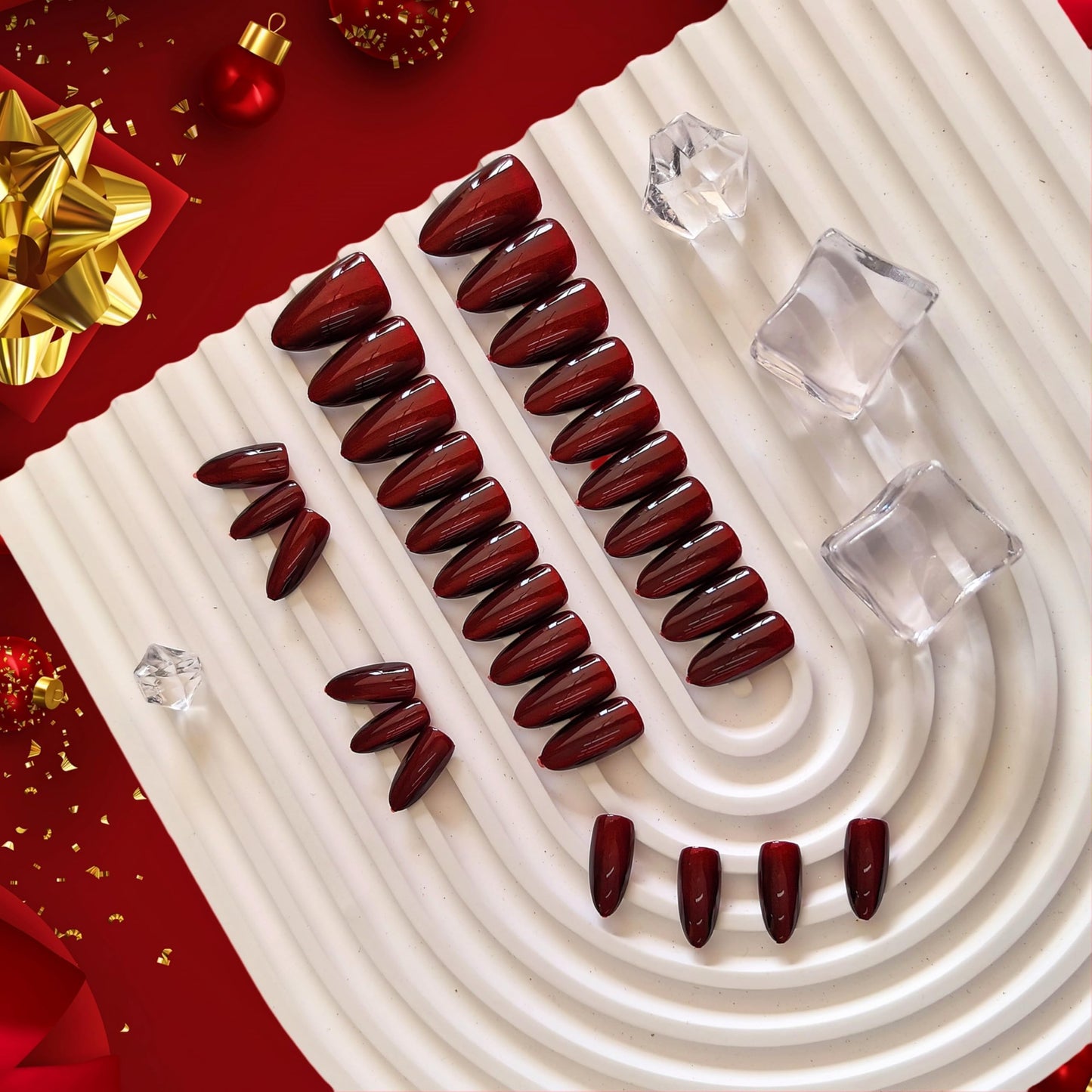 KQueenest Dark Red Press on Nails Cat Eye, Burgundy Glitter Press on Nails Almond Medium, Sparkly Shiny Fake Nails with Design, Cute Bling Glue on Nails Medium for Women Party Birthday, 30 Pcs