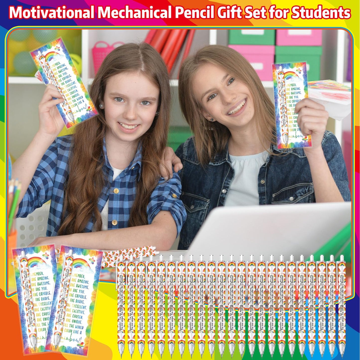 AmazingSpark 50 Set Inspirational 0.7 mm Rainbow Retractable Pencil Gifts for Students from Teacher Encouragement Affirmation Bookmark Cards Opp Bag Valentines Classroom Prize Awards for School