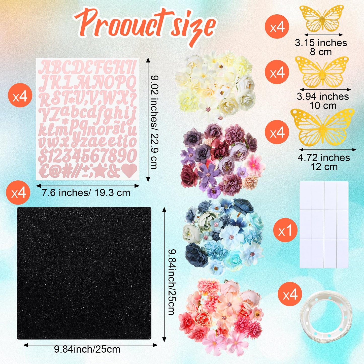 Gilprop 4 Sets 104 Pcs Graduation Cap Decorations Kits, Includes Faux Flower Heads 3D Butterfly Stickers Self Adhesive Glitter Alphabet Letter Number Stickers for Grad Hat Topper DIY