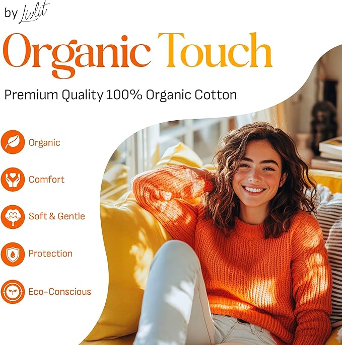 Large Size Ultra Thin Sanitary Pads, 100% Organic Cotton from Texas, Powerful Leak Protection, Unscented, Chlorine Free and Absorbency of Feminine Periods, Pads for Women (12 Count)