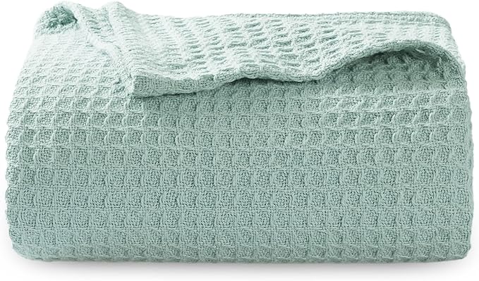 Bedsure 100% Cotton Blanket Twin XL Size for Bed - Breathable and Soft, Waffle Weave Blanket for Summer Spring, Mint, 66x90 inches