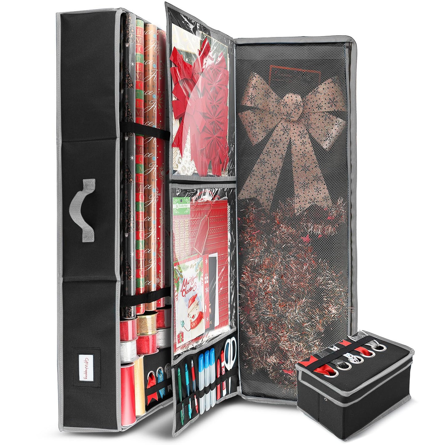 Hearth & Harbor Wrapping Paper Storage Container with Ribbon Storage Organizer - Christmas Storage Bag with Extra Interior Pockets - Gift Wrapping Organizer Storage Fits Up to 26 Rolls of 40" Length