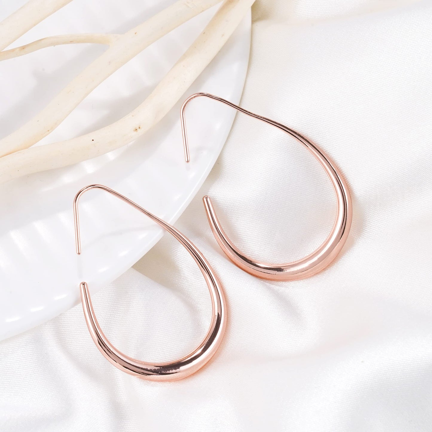 Lightweight Teardrop Hoop Earrings for Women - 14k Gold/White Gold Plated Large Oval Pull Through Hoop Earrings High Polished Statement Jewelry Gift for Women (rose gold)