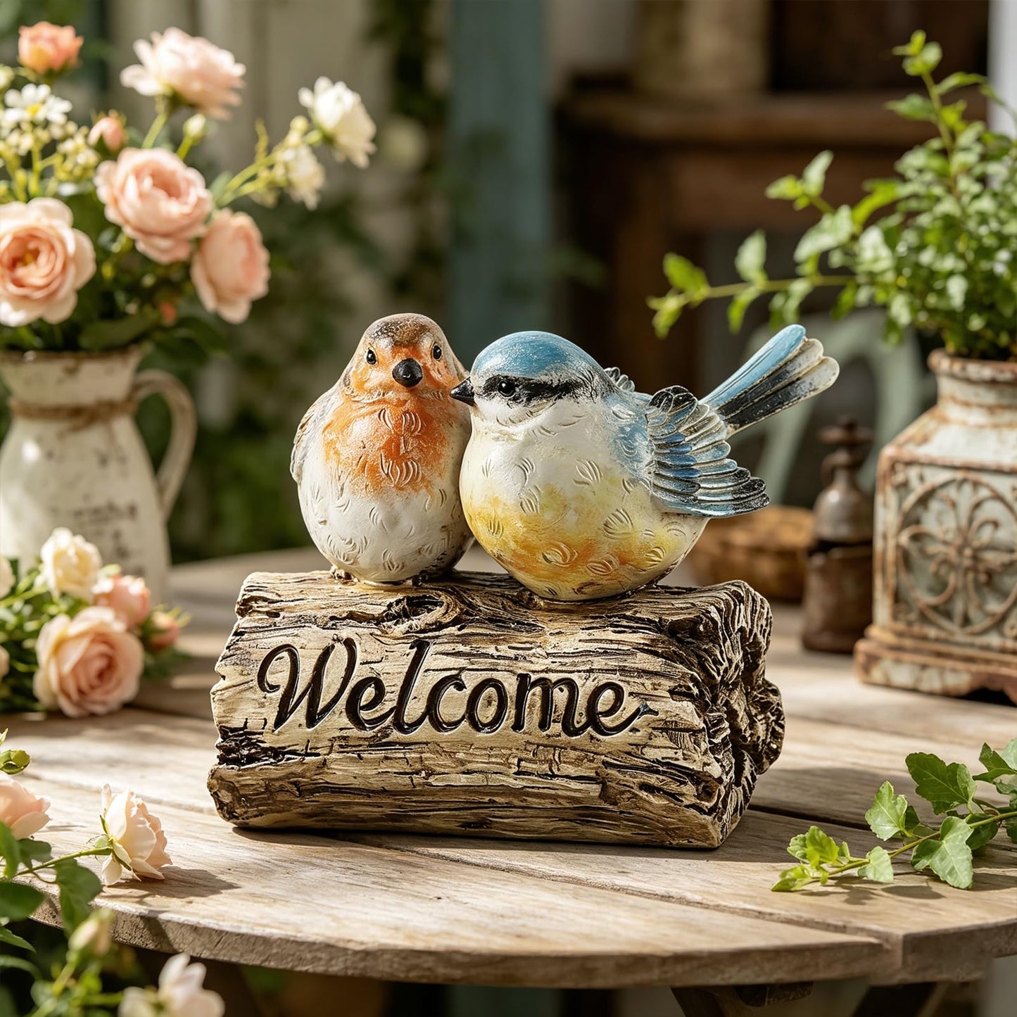 Mantaoilfe Welcome Bird Figurine Resin Garden Statue with Welcome Sign, Rustic Double Bird Decor on Driftwood Style Base for Front Porch Entryway Patio Lawn Garden or Indoor Tabletop
