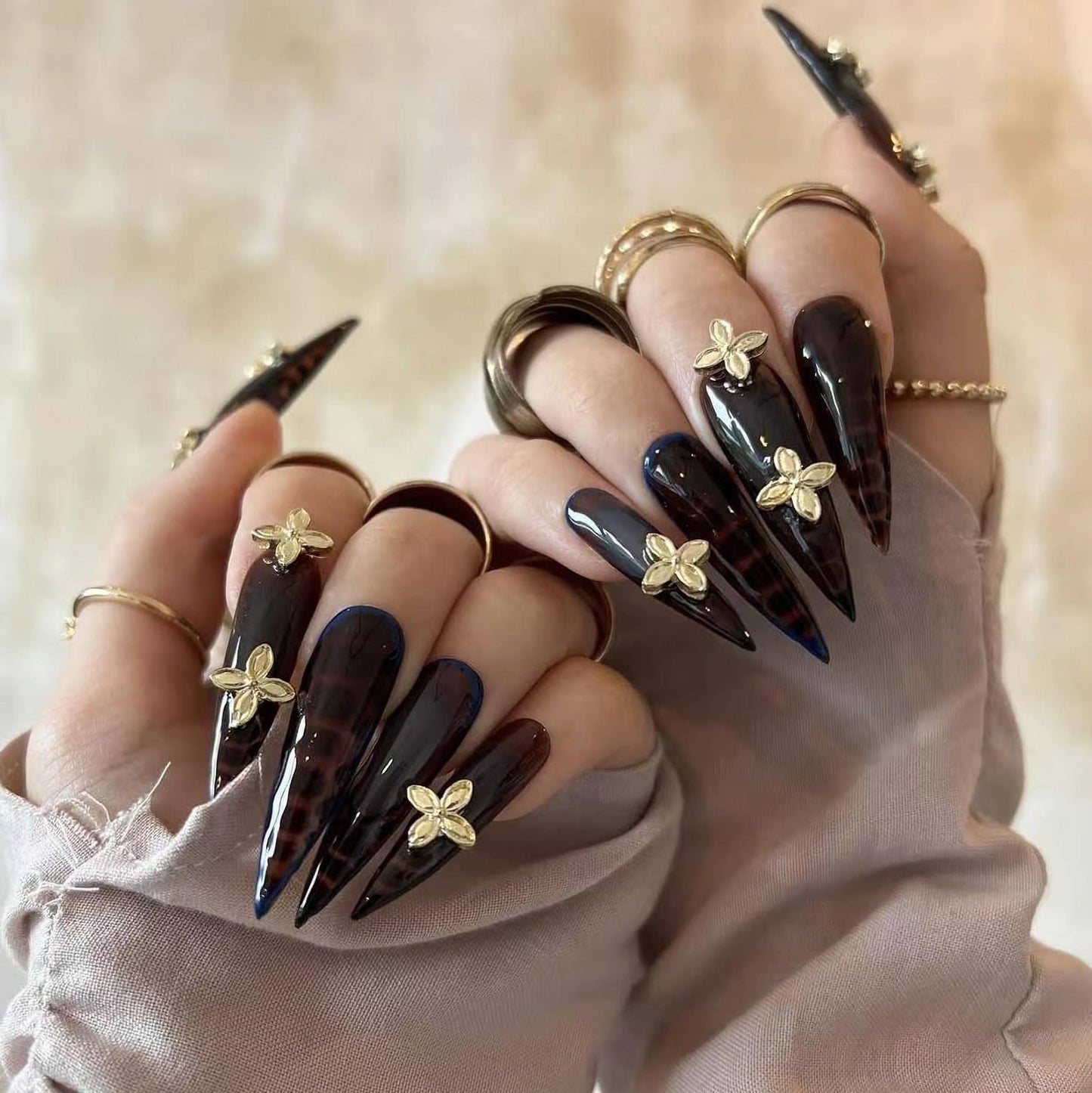 MERVF Press on Nails Long Stiletto, Brown French Tip Fake Nails Animal Tortoise Design Glue ons 3D Gold Flower Acrylic Nail Glossy 24pcs