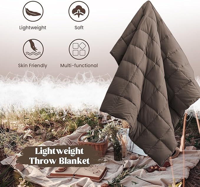 puredown® Soft Feather Down Throw Blanket Lightweight Packable Couch Throw for Indoor and Outdoor Use, 50"X70", Chocolate