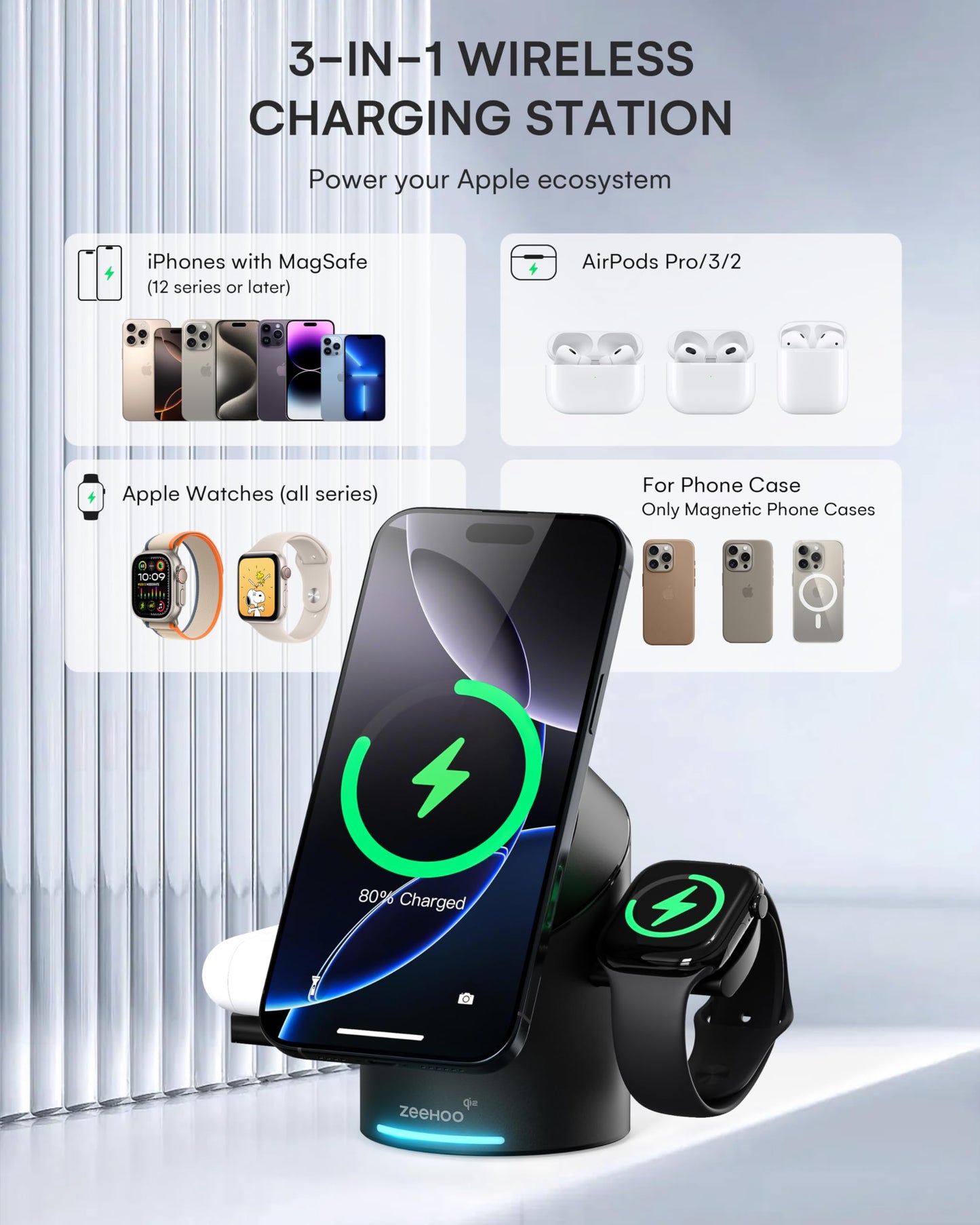 ZEEHOO 3 in 1 Charging Station for Apple Devices, Mag-Safe Charger Stand, Qi2 15W Auto-Rotating Wireless Charger for iPhone 17 16/15/14/13/12 Series& AirPods& iWatch(Black)