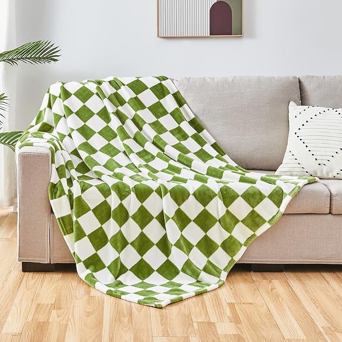 SOCHOW Checkered Flannel Throw Blanket, Soft Cozy Checkerboard Grid Pattern Fleece Blanket for Couch Bed Sofa, Sage Green 50 x 60 Inches