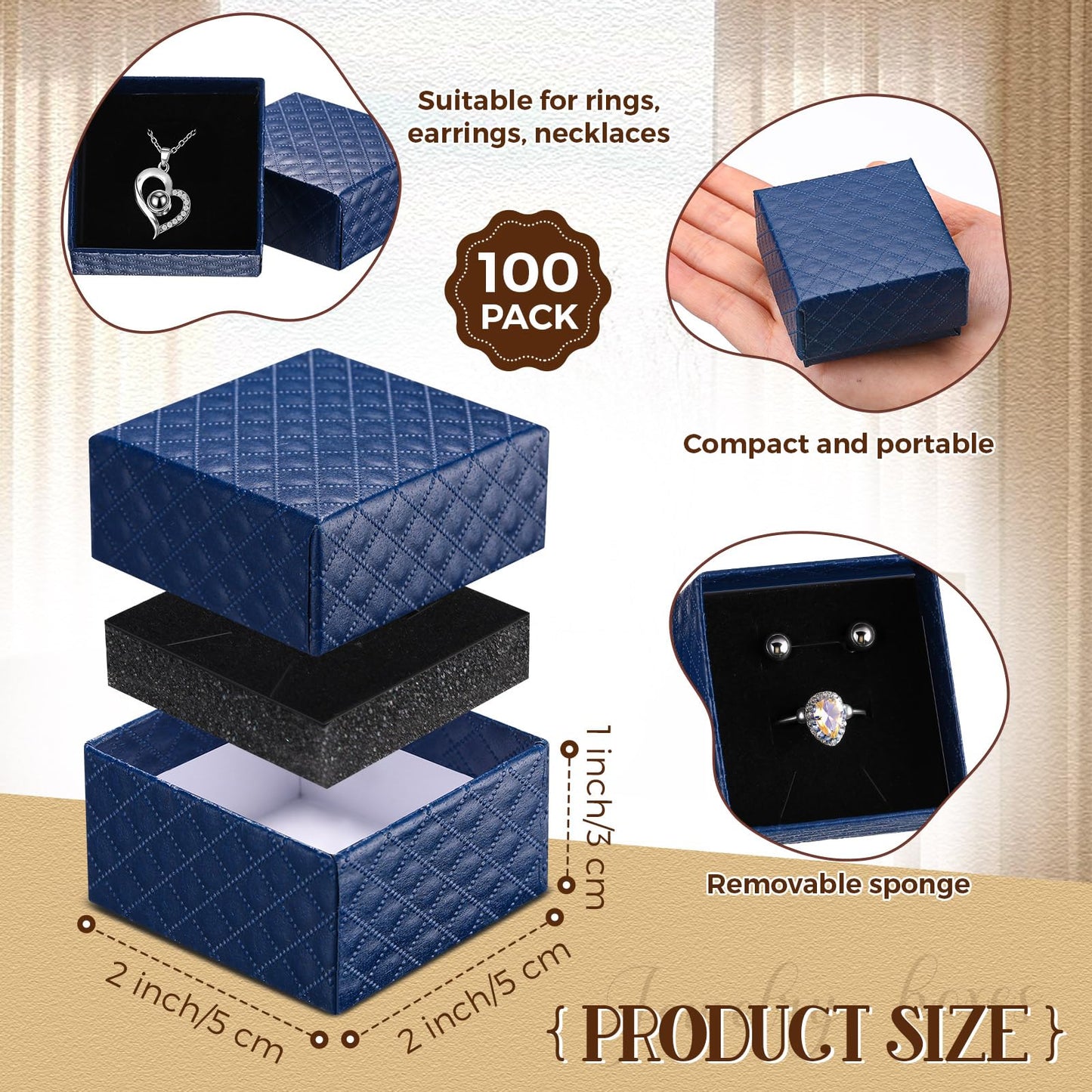 Landical 100 Pcs Jewelry Ring Gift Box 2'' x 2'' x 1'' Small Cardboard Earring Ring Gift Box with Velvet and Sponge Liner Pendant Case Bulk for Necklace Bracelet Earring Display Wedding(Dark Blue)