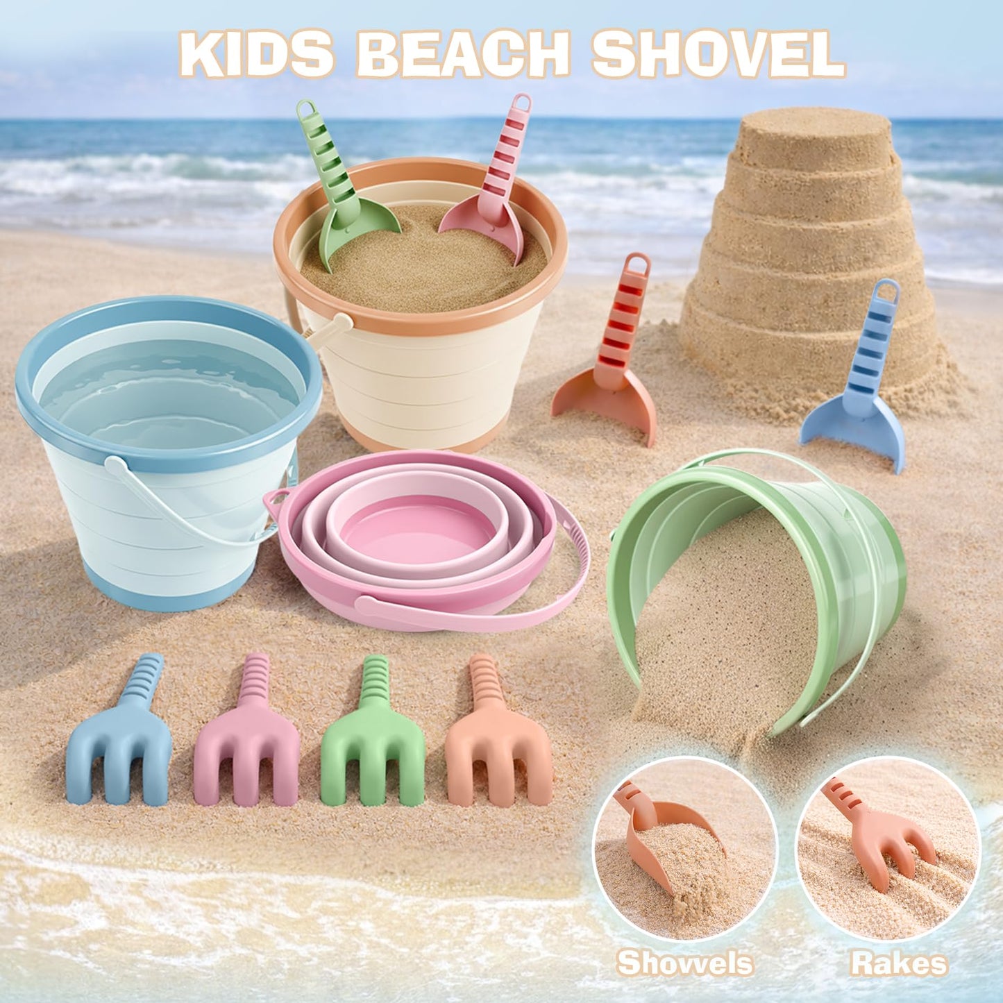 Dreamon Beach Toys, 4 Pack Collapsible Sand Buckets for Kids, Shovels & Rakes Set with Mesh Bag, Kids Beach Essentials Sandcastle Building Kit for Beach Trip Outdoor Play and Summer Fun