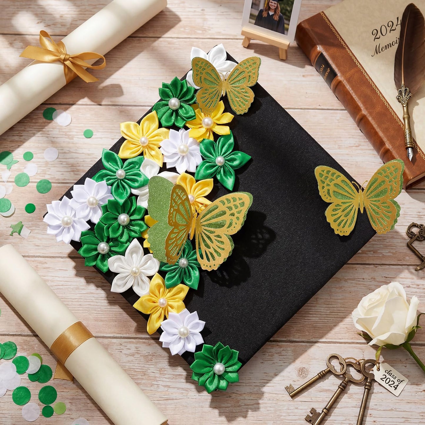 Dunzoom 36 Pcs DIY Graduation Cap Decorations Kit Graduation Ribbon Leis Decor Include Satin Fabric Flowers 3D Butterfly for Grad Hat Craft Party Supplies(Green)