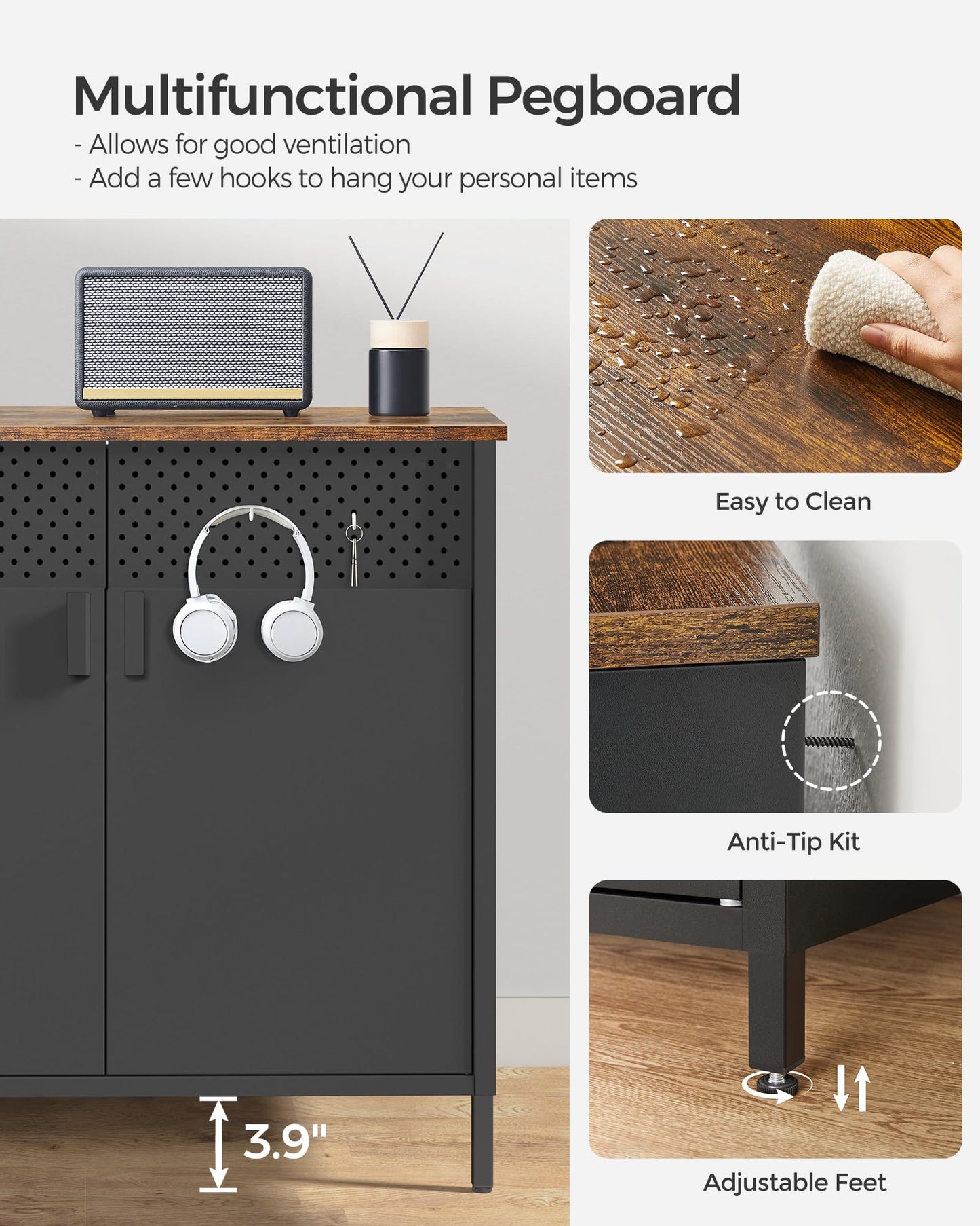 SONGMICS Storage Cabinet, Metal Cabinet, Sideboard with 2 Doors, 15.7 x 31.5 x 29.9 Inches, Magnetic Closure, Adjustable Shelf, Steel Frame, Rustic Brown and Black ULSC102B01