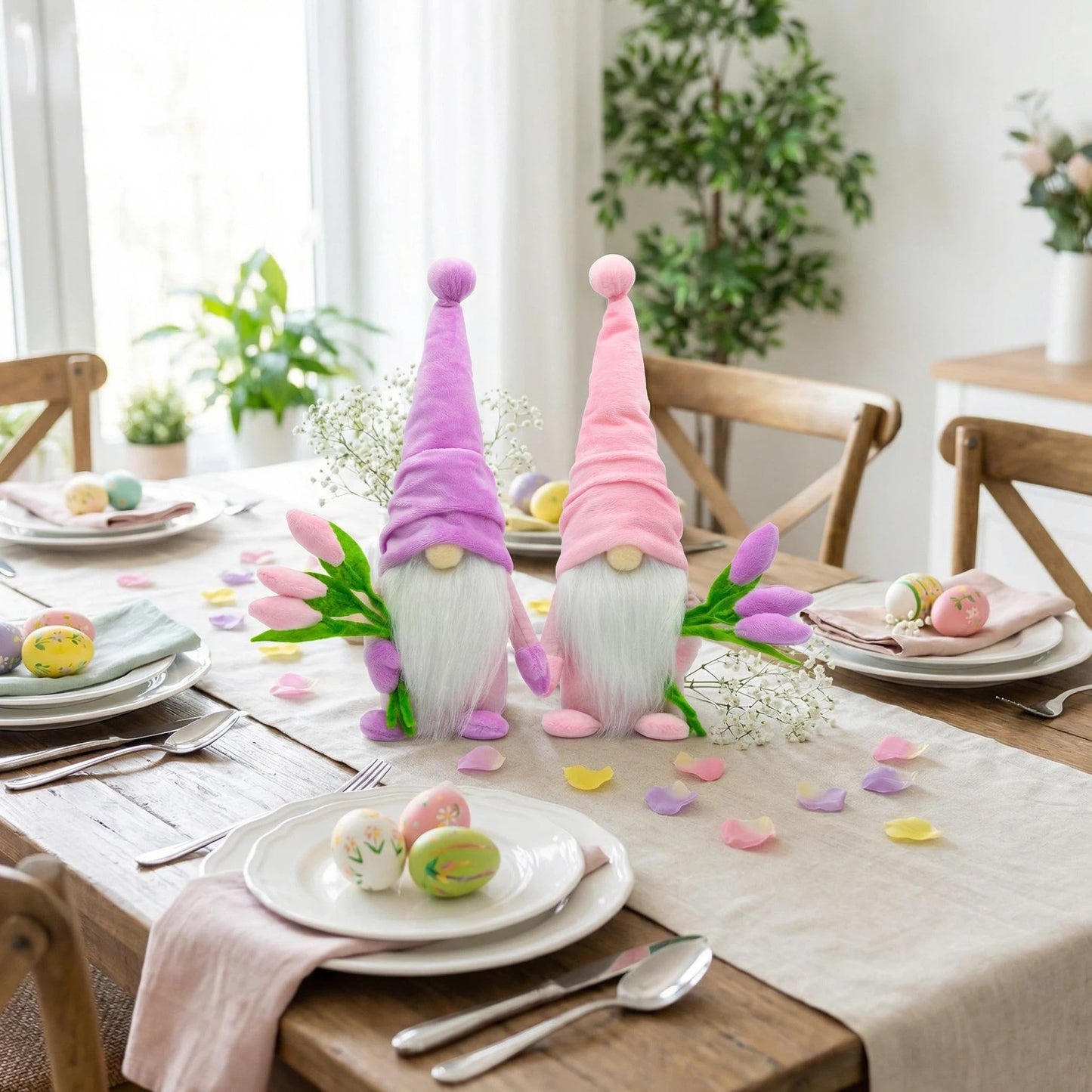 KnomeKo Tulip Gnome Spring Decor, 2Pcs Spring Home Decorations for Farmhouse Table Tiered Tray Decor, Gift Gnomes for Women, Mother